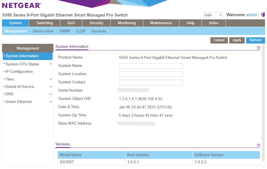 Netgear S350 switch system page with model/firmware data.