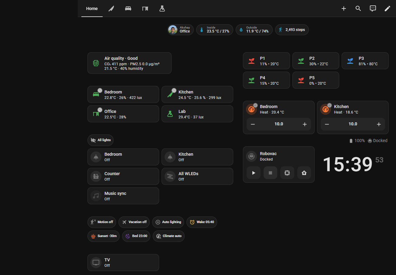 Home dashboard with Music sync off, next to the room lights and the mode chips.