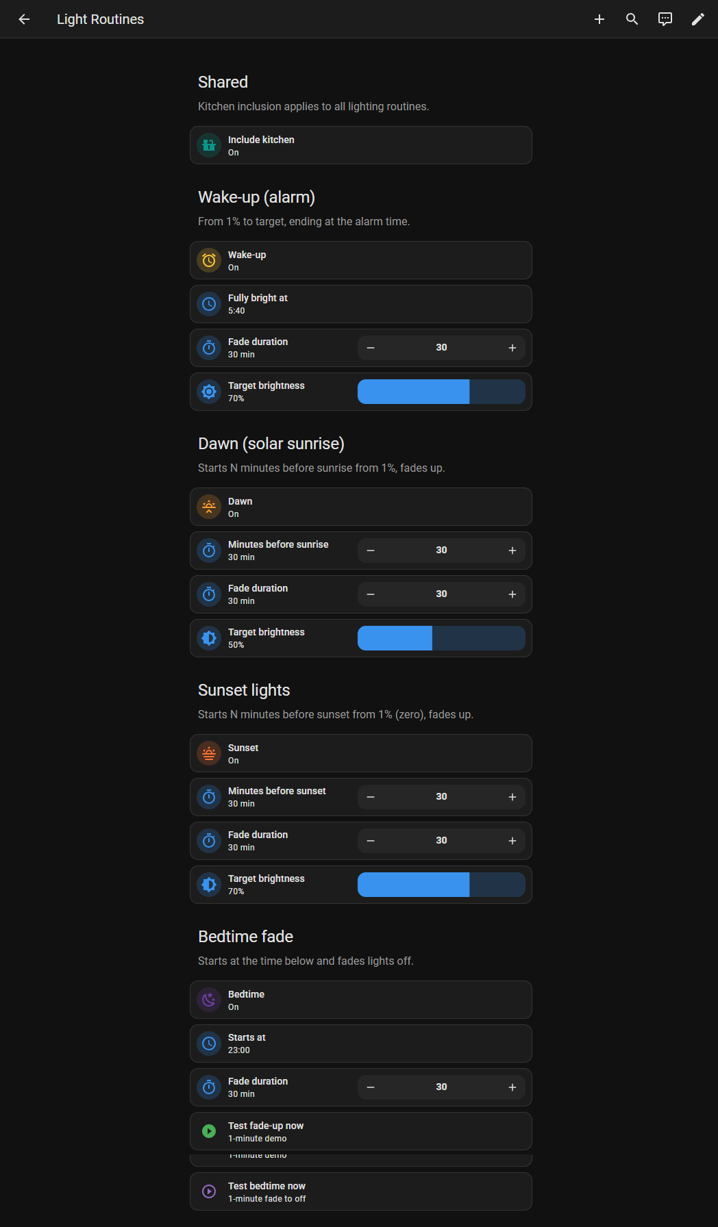 Light Routines view with wake-up, dawn, sunset, and bedtime controls.