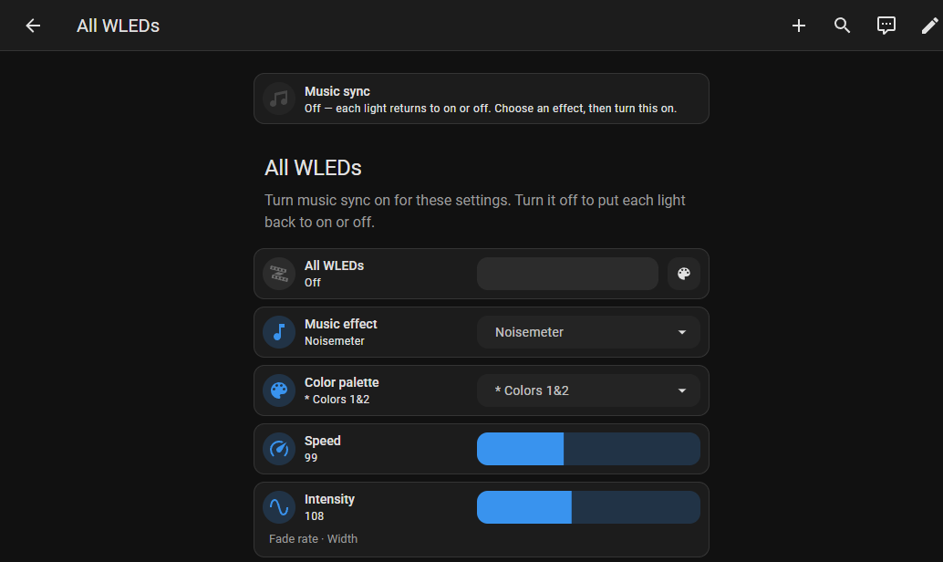 All WLEDs view with Noisemeter selected, palette Colors 1 and 2, and the speed and intensity sliders.