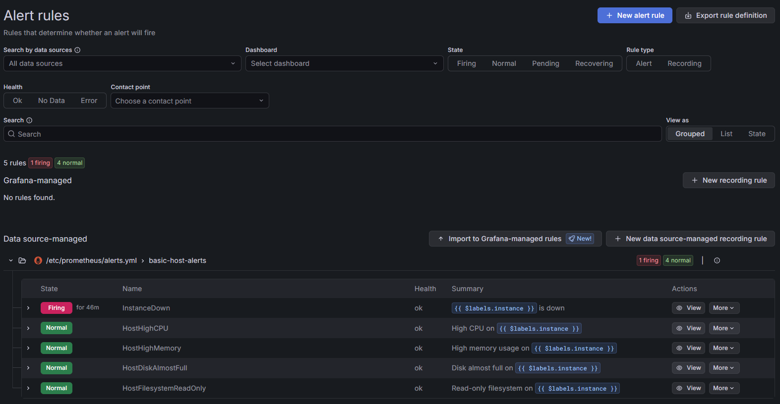 Prometheus alert rules showing the first small set of infrastructure alerts.