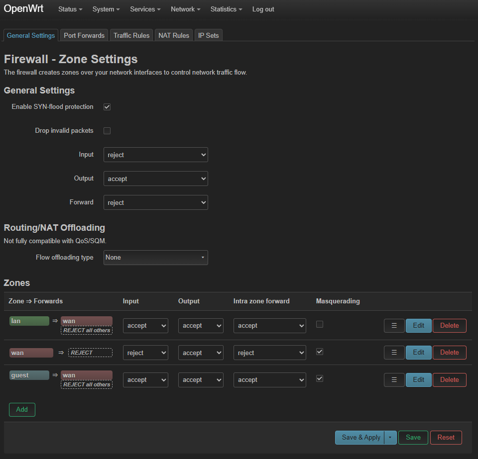 Firewall zone settings showing LAN/guest/wan policies plus the DNS redirect and WireGuard allowance.