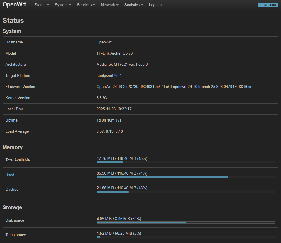 Status page with hardware specs, RAM/disk bars, and uptime.